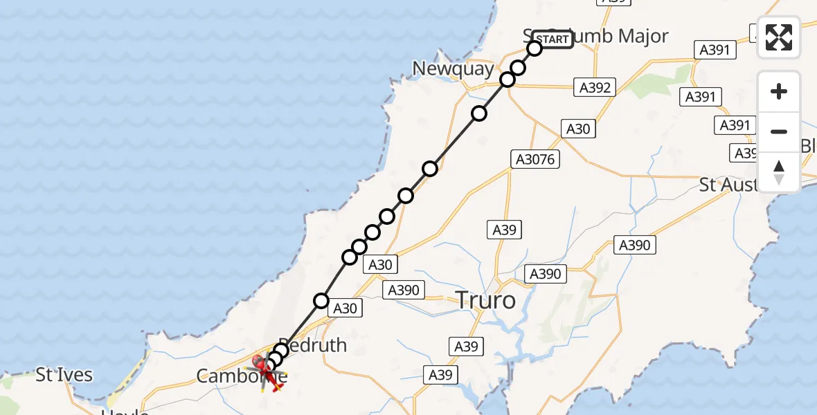 Flight route Air Ambulance Helicopter Cornwall Airport Newquay - Brea, 16 July 2026, 09:57
