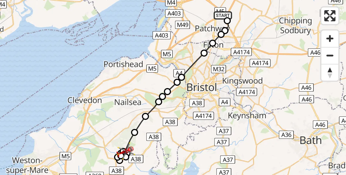 Flight route Air Ambulance Helicopter Woodlands - Bristol, 16 July 2026, 09:57
