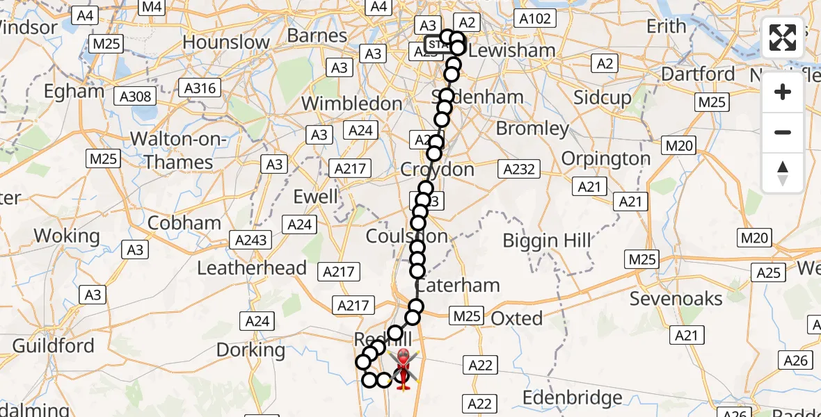 Flight route Air Ambulance Helicopter Kings College London Hospital - Redhill Aerodrome, 16 July 2026, 10:06