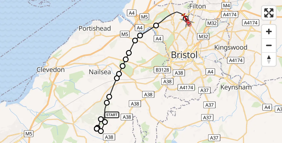 Flight route Air Ambulance Helicopter Bristol Airport - Southmead Hospital, 16 July 2026, 10:11