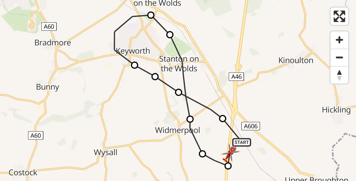 Flight route Air Ambulance Helicopter Nottingham Heliport - Nottingham Heliport, 16 July 2026, 10:12