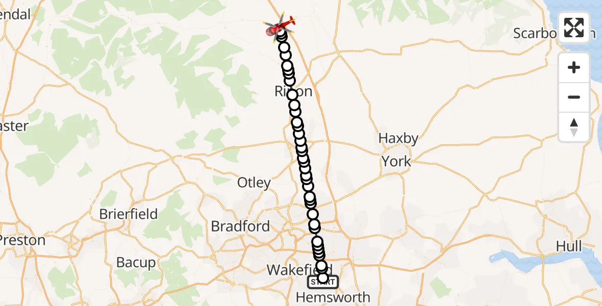 Flight route Air Ambulance Helicopter YAA Nostell Helicopter Port - Aiskew, 16 July 2026, 10:20