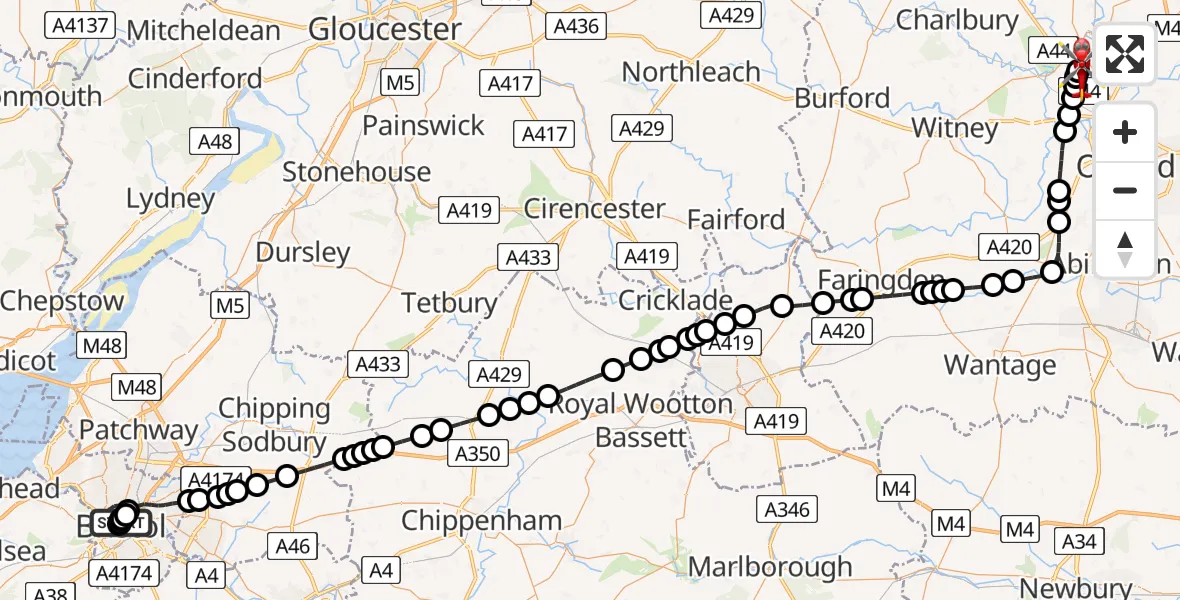 Flight route Air Ambulance Helicopter Bristol Children's Hospital - London Oxford Airport, 16 July 2026, 10:21
