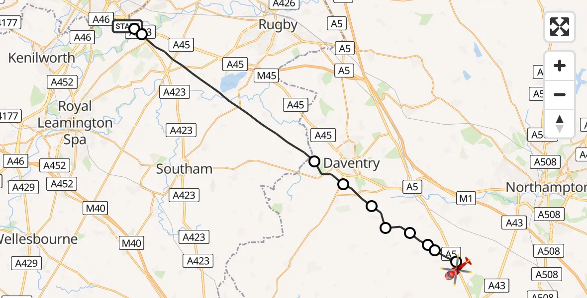 Flight route Air Ambulance Helicopter Coventry Airport - Pattishall, 16 July 2026, 10:25