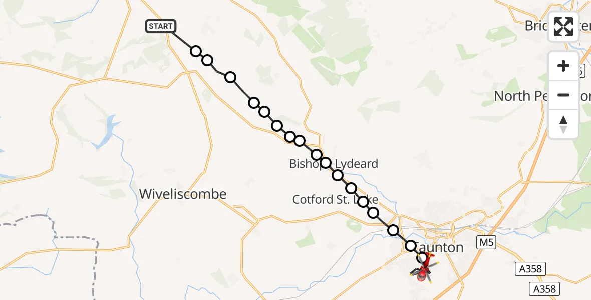 Flight route Air Ambulance Helicopter Monksilver - Taunton, 16 July 2026, 10:29