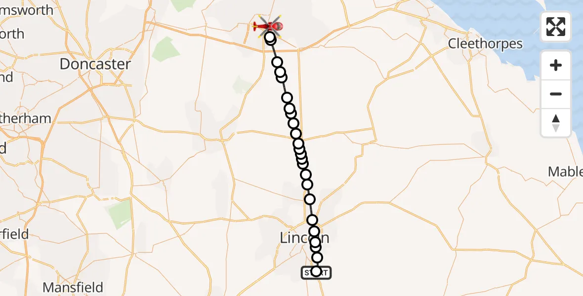 Flight route Air Ambulance Helicopter RAF Waddington - Scunthorpe, 16 July 2026, 10:31