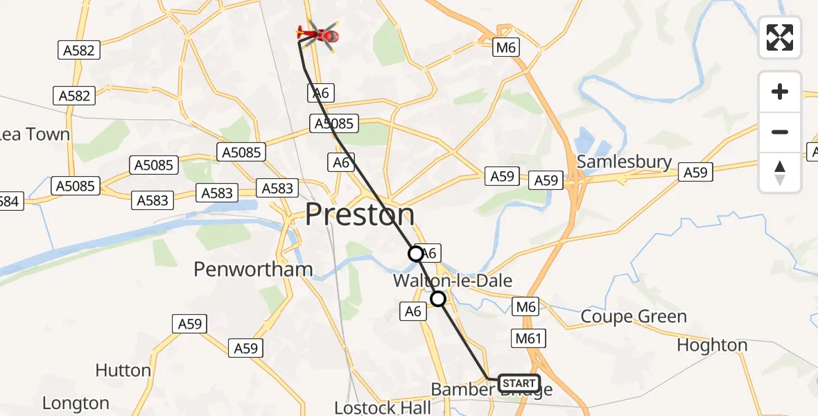 Flight route Air Ambulance Helicopter Bamber Bridge - Preston, 16 July 2026, 10:31