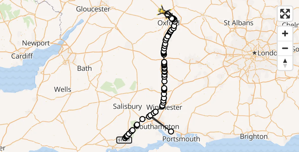 Flight route Police Helicopter Hurn - Kidlington, 16 July 2026, 10:37