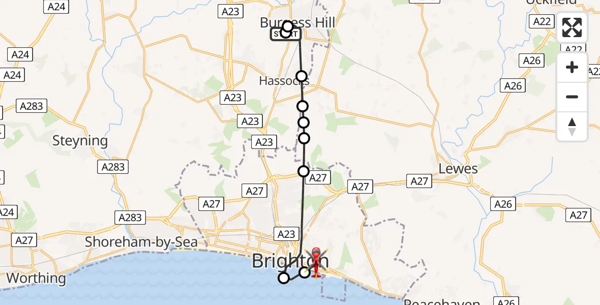 Flight route Air Ambulance Helicopter Burgess Hill - Brighton, 16 July 2026, 10:39