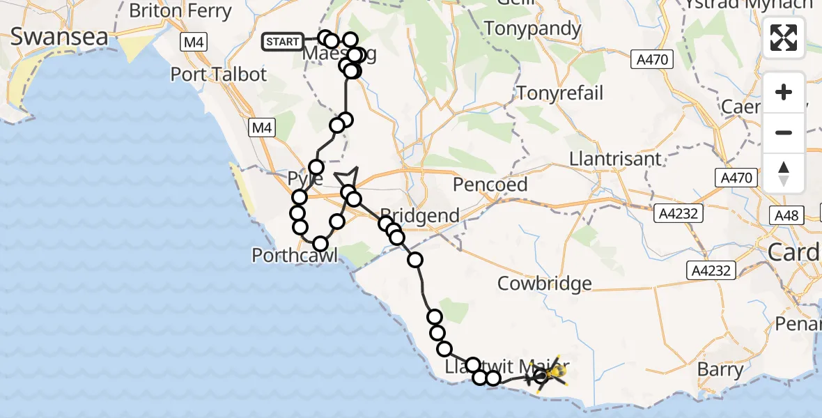 Flight route Police Helicopter Bryn - MOD St Athan, 16 July 2026, 10:46
