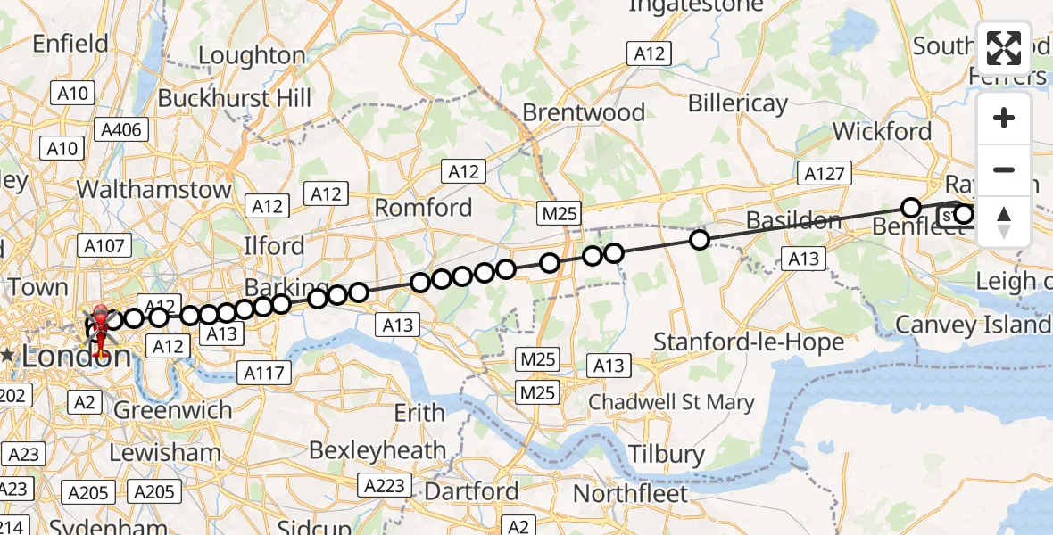 Flight route Air Ambulance Helicopter Hadleigh - Royal London Hospital, 16 July 2026, 10:55