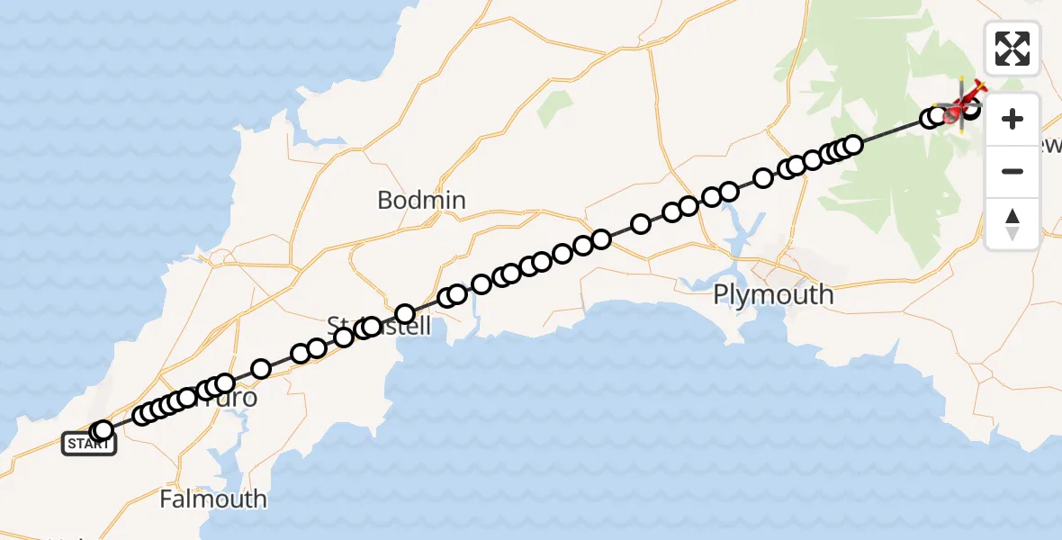 Flight route Air Ambulance Helicopter Brea - Widecombe-in-the-Moor, 16 July 2026, 10:57