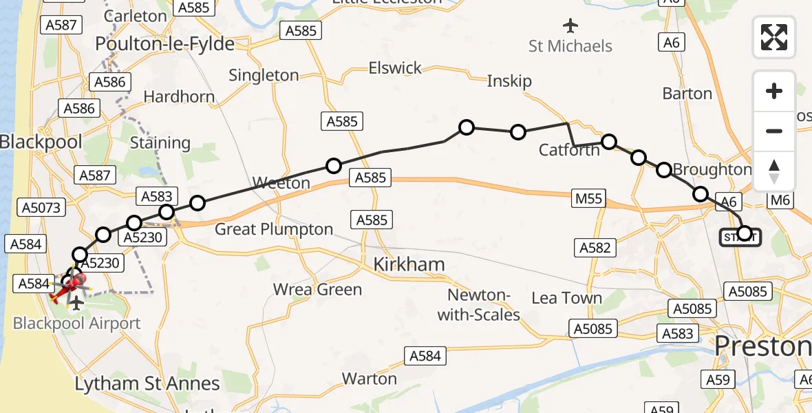 Flight route Air Ambulance Helicopter Royal Preston - Blackpool Airport, 16 July 2026, 11:21