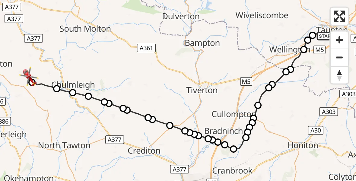 Flight route Air Ambulance Helicopter Taunton - Roborough, 16 July 2026, 11:21
