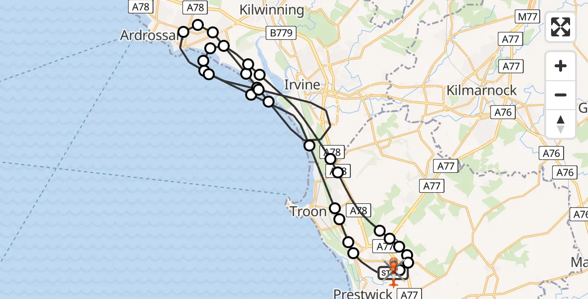Flight route Coastguard Helicopter Glasgow Prestwick Airport - Glasgow Prestwick Airport, 16 July 2026, 11:26