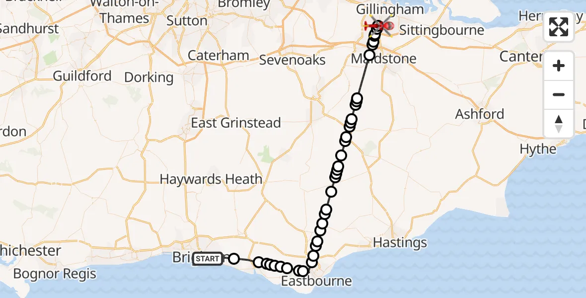Flight route Air Ambulance Helicopter Brighton - Rochester Airport, 16 July 2026, 11:30