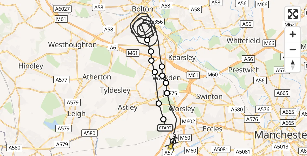 Flight route Police Helicopter Worsley - Manchester Barton Aerodrome, 16 July 2026, 11:33
