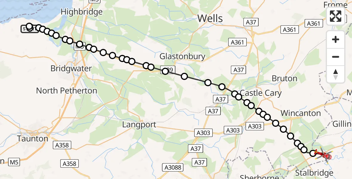 Flight route Air Ambulance Helicopter Bridgwater - Kington Magna, 16 July 2026, 11:35