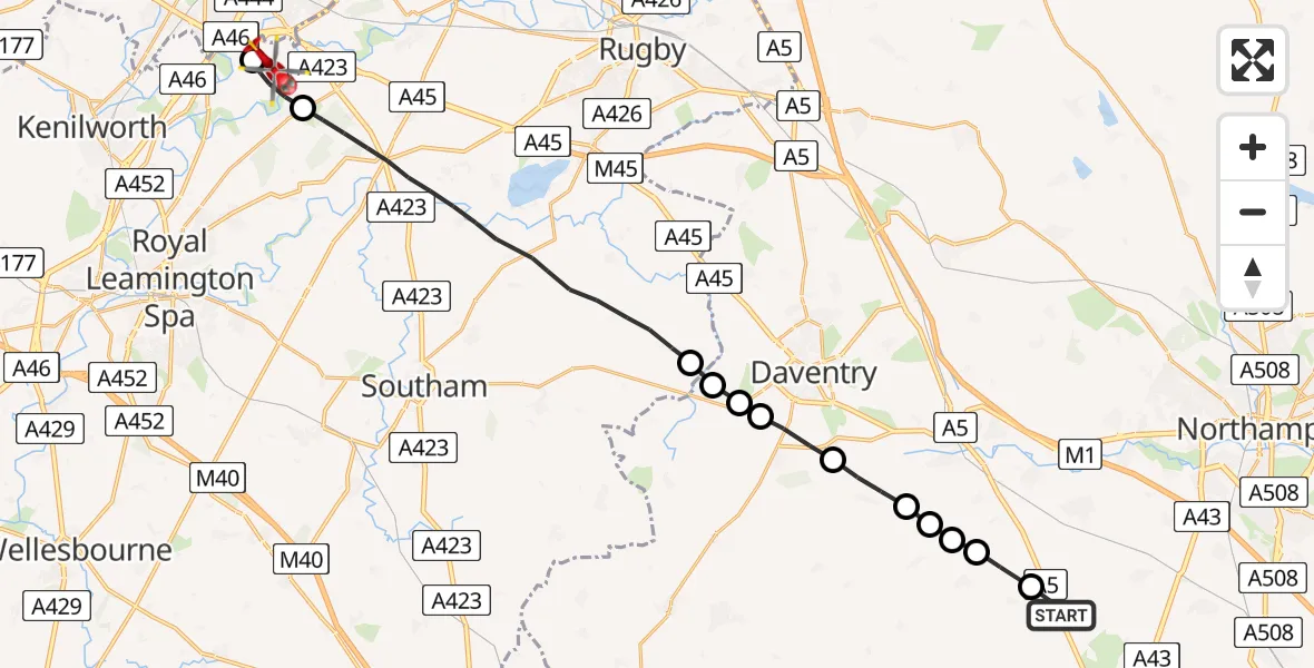 Flight route Air Ambulance Helicopter Pattishall - Warwick, 16 July 2026, 11:38