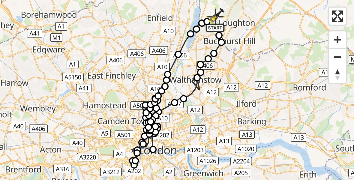 Flight route Police Helicopter Waltham Abbey - Metropolitan Police Air Support Unit Lippitts Hill, 16 July 2026, 11:39