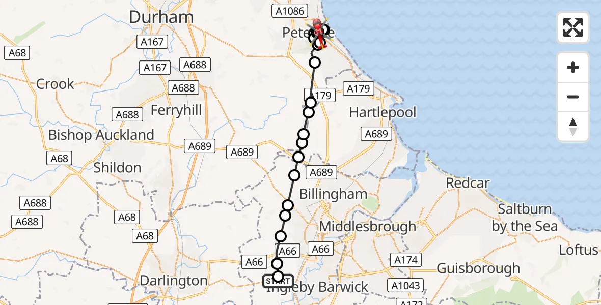 Flight route Air Ambulance Helicopter Egglescliffe - Peterlee, 16 July 2026, 11:44