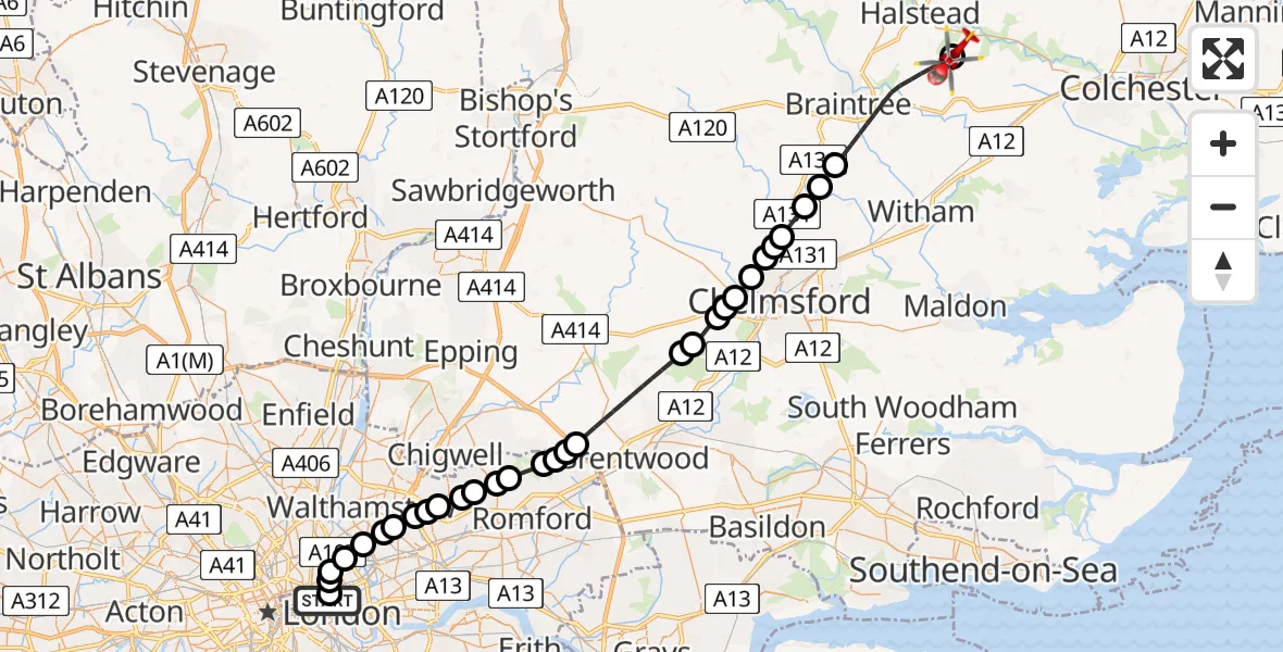 Flight route Air Ambulance Helicopter Royal London Hospital - Earls Colne Airfield, 16 July 2026, 11:45