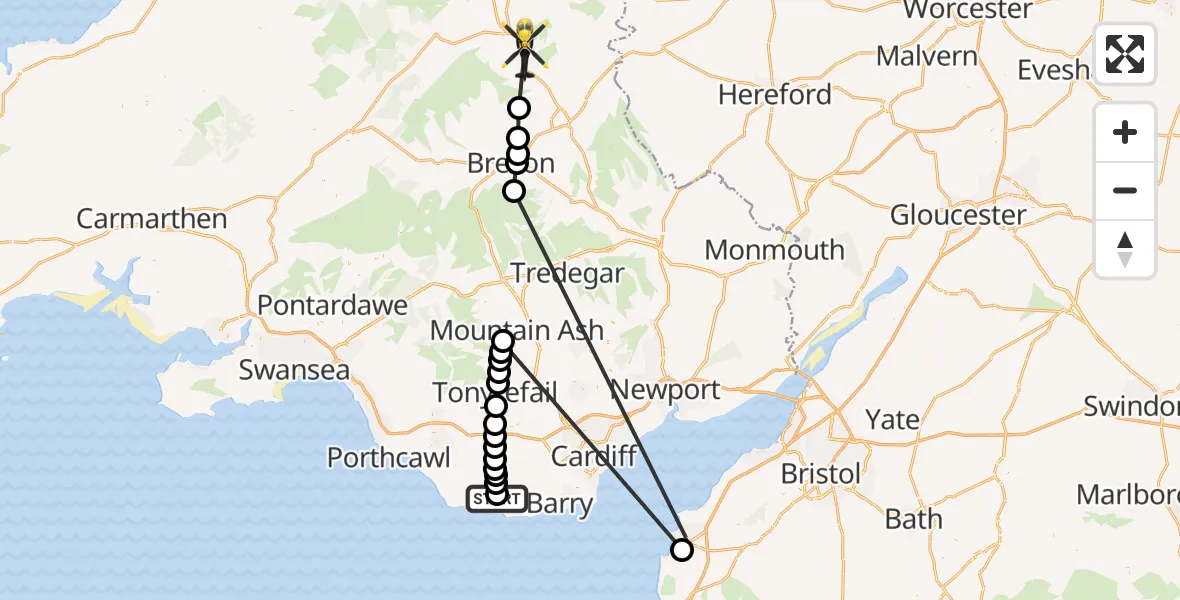 Flight route Police Helicopter MOD St Athan - Aberedw, 16 July 2026, 11:47