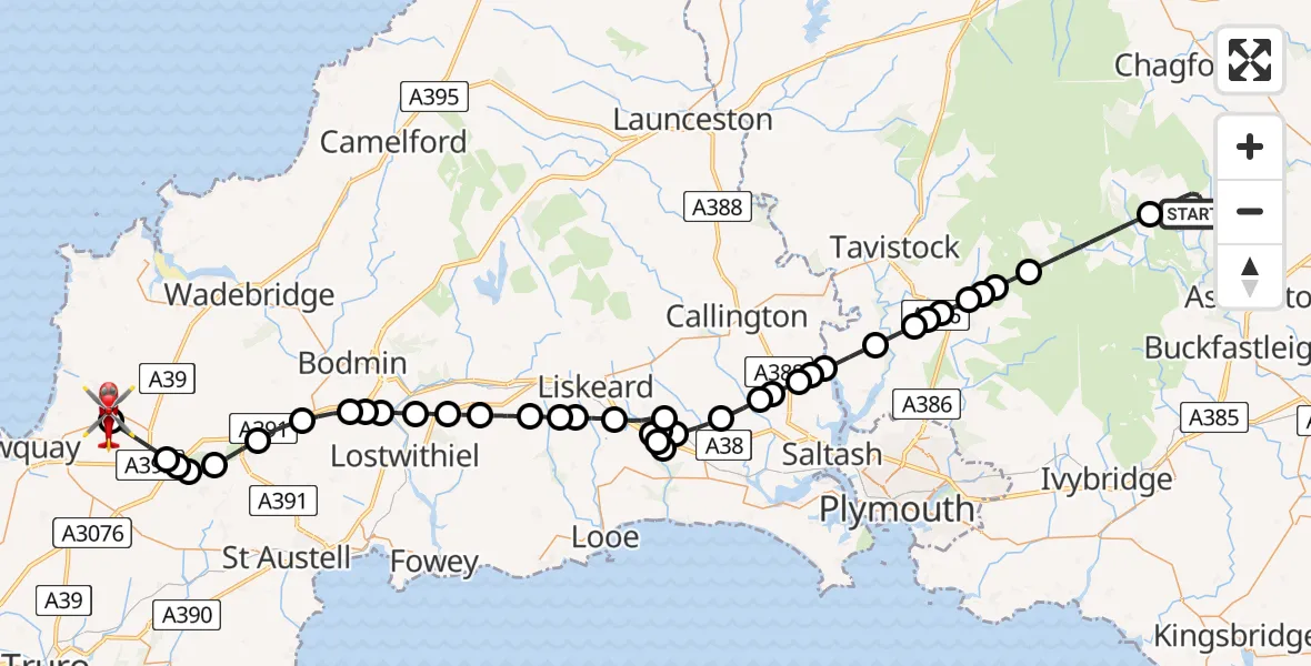 Flight route Air Ambulance Helicopter Widecombe-in-the-Moor - Cornwall Airport Newquay, 16 July 2026, 11:48