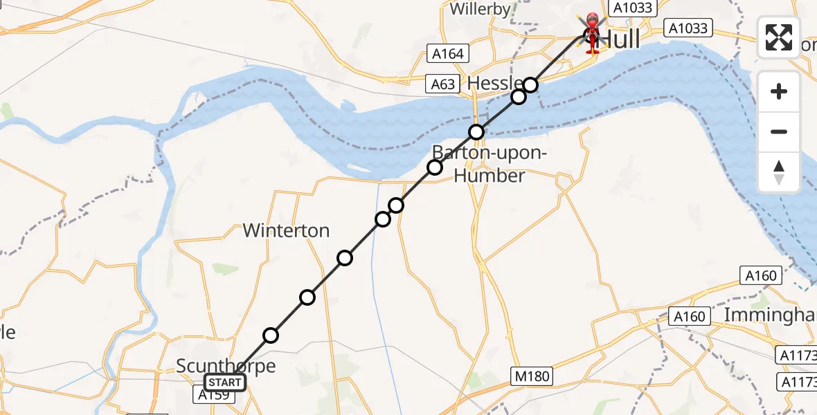 Flight route Air Ambulance Helicopter Scunthorpe - Hull Royal Infirmary, 16 July 2026, 11:48