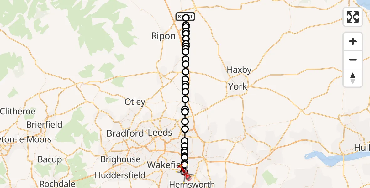 Flight route Air Ambulance Helicopter RAF Topcliffe - YAA Nostell Helicopter Port, 16 July 2026, 12:18
