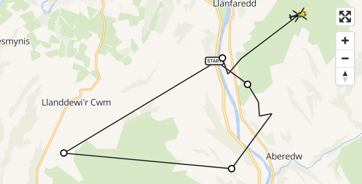 Flight route Police Helicopter Llanfaredd - Aberedw, 16 July 2026, 12:22