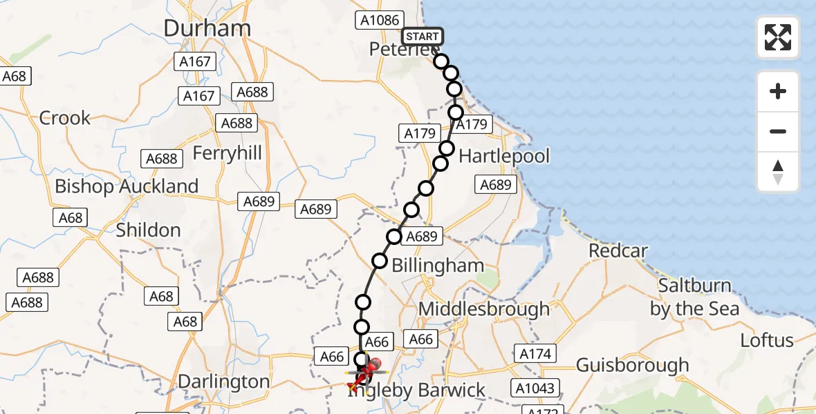 Flight route Air Ambulance Helicopter Horden - Longnewton, 16 July 2026, 12:45