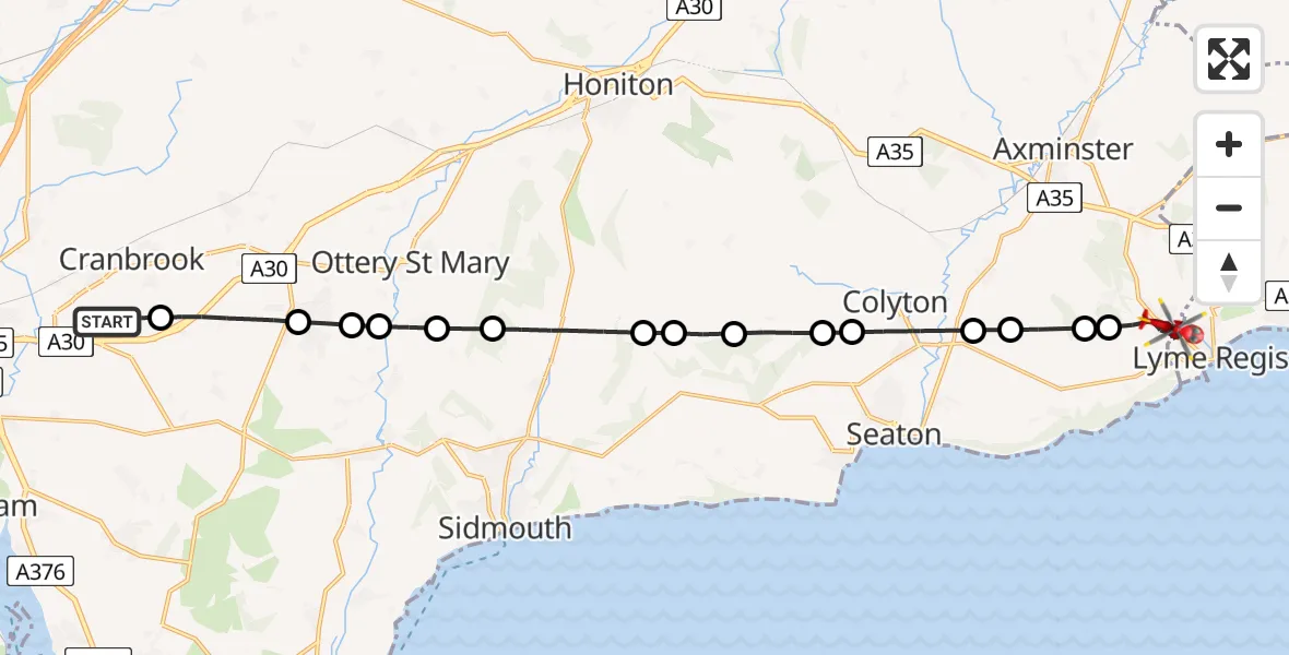 Flight route Air Ambulance Helicopter Exeter International Airport - Uplyme, 16 July 2026, 12:47