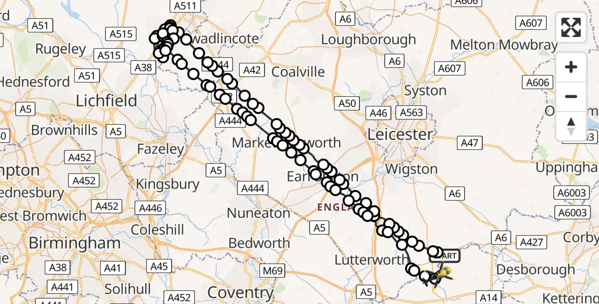 Flight route Police Helicopter Theddingworth - Harborough, 16 July 2026, 12:56