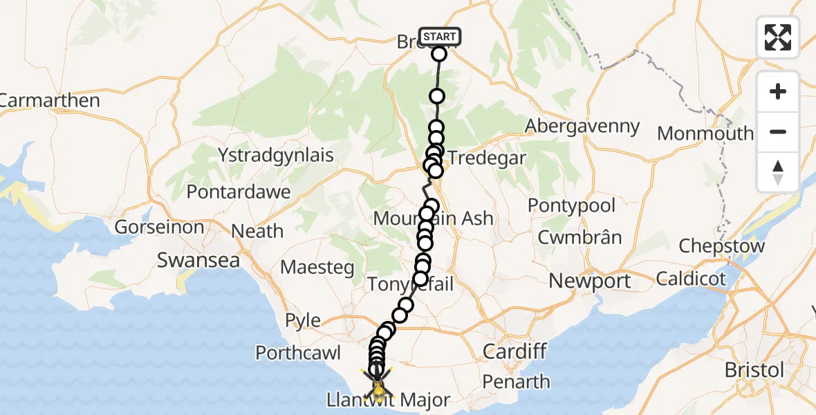 Flight route Police Helicopter Brecon - Llantwit Major, 16 July 2026, 12:57
