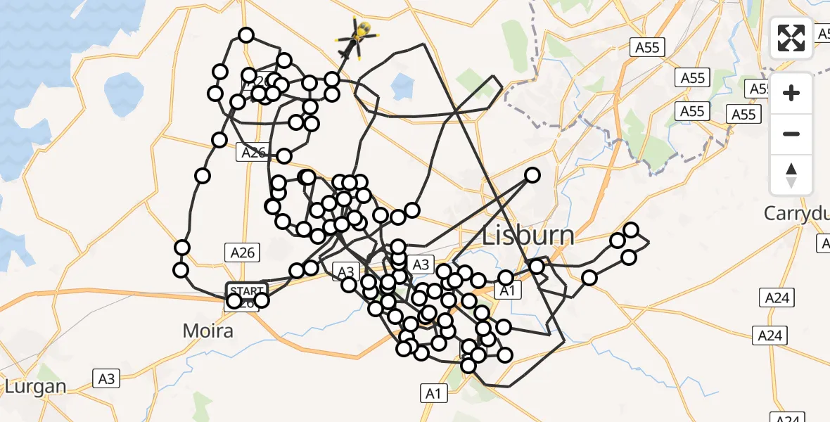 Flight route Police Helicopter Maghaberry - Lisburn, 16 July 2026, 13:04