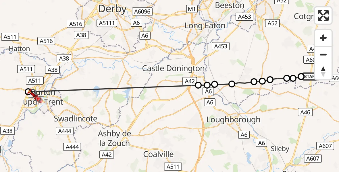 Flight route Air Ambulance Helicopter Willoughby on the Wolds - Burton upon Trent, 16 July 2026, 13:08