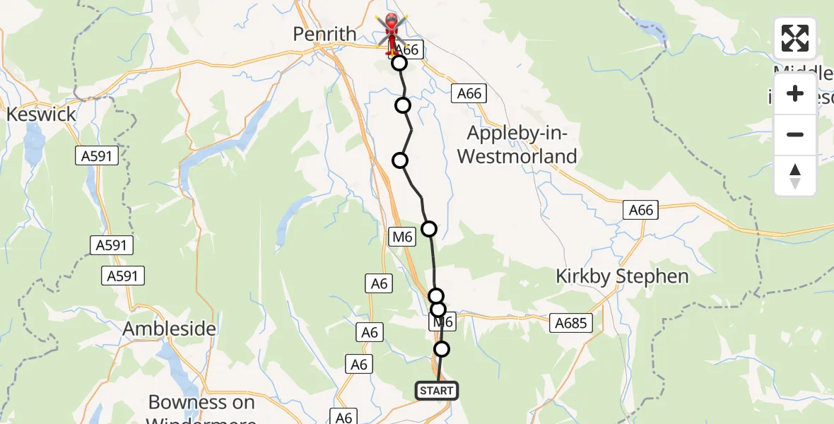 Flight route Air Ambulance Helicopter Grayrigg - Edenhall, 16 July 2026, 13:10