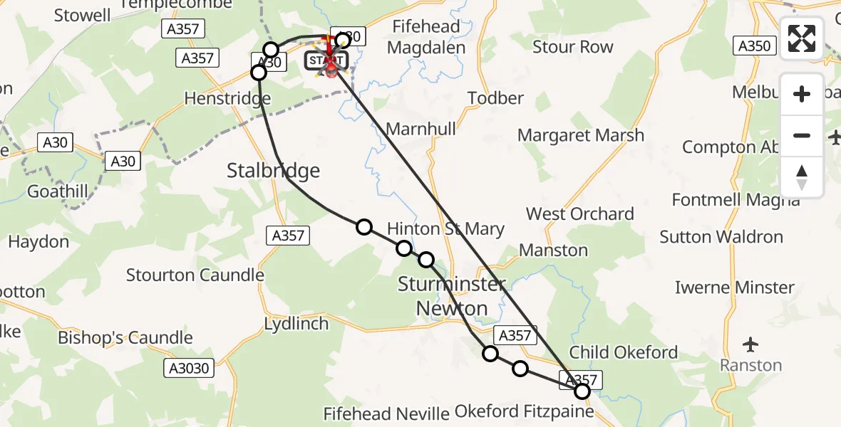 Flight route Air Ambulance Helicopter Henstridge Airfield - Henstridge, 16 July 2026, 13:12