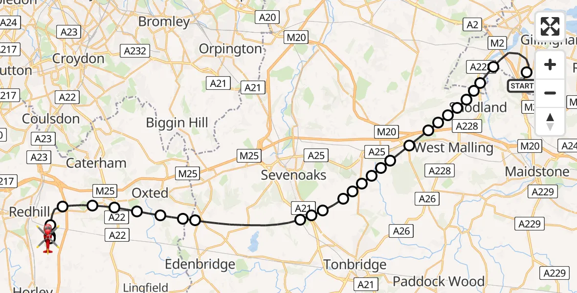 Flight route Air Ambulance Helicopter Rochester Airport - Redhill Aerodrome, 16 July 2026, 13:24