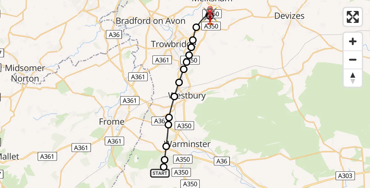 Flight route Air Ambulance Helicopter Crockerton - Wiltshire Air Ambulance, 16 July 2026, 13:24