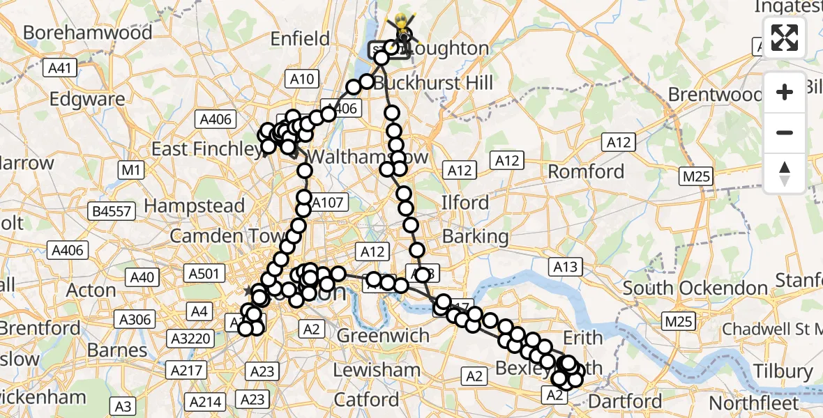 Flight route Police Helicopter Sewardstonebury - Sewardstonebury, 16 July 2026, 13:33