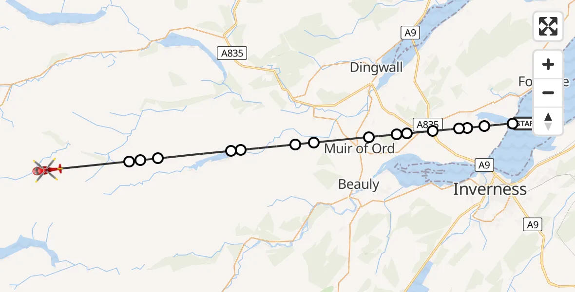 Flight route Air Ambulance Helicopter Avoch - Highland, 16 July 2026, 13:40