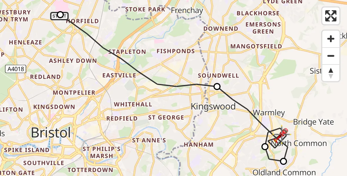 Flight route Air Ambulance Helicopter Southmead Hospital - Warmley, 16 July 2026, 13:42