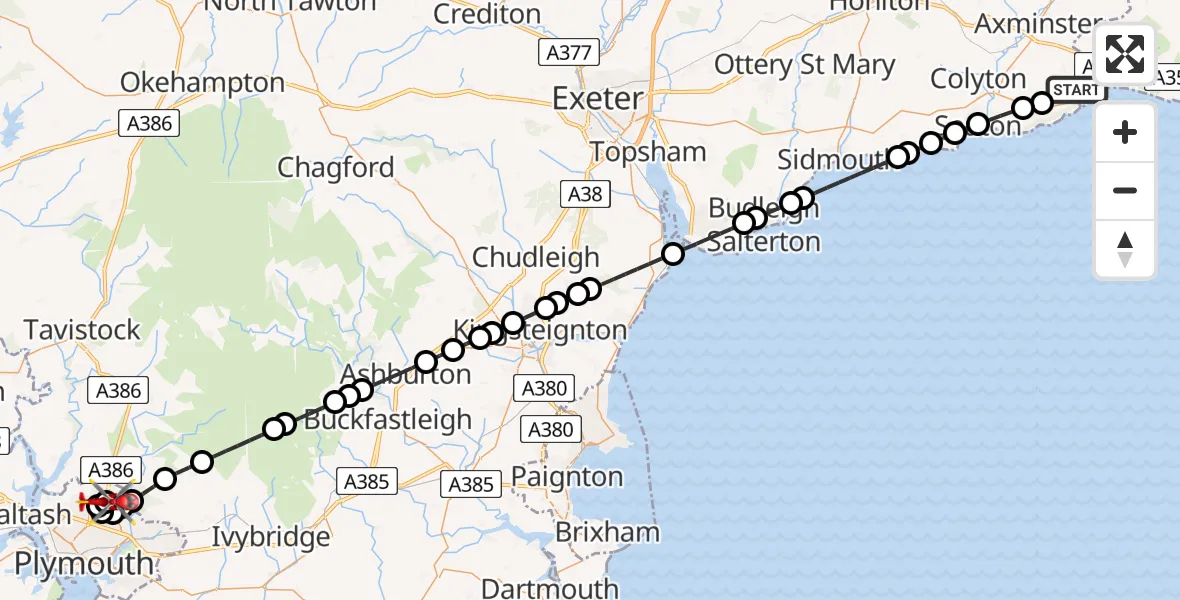 Flight route Air Ambulance Helicopter Uplyme - Derriford Hospital, 16 July 2026, 13:44