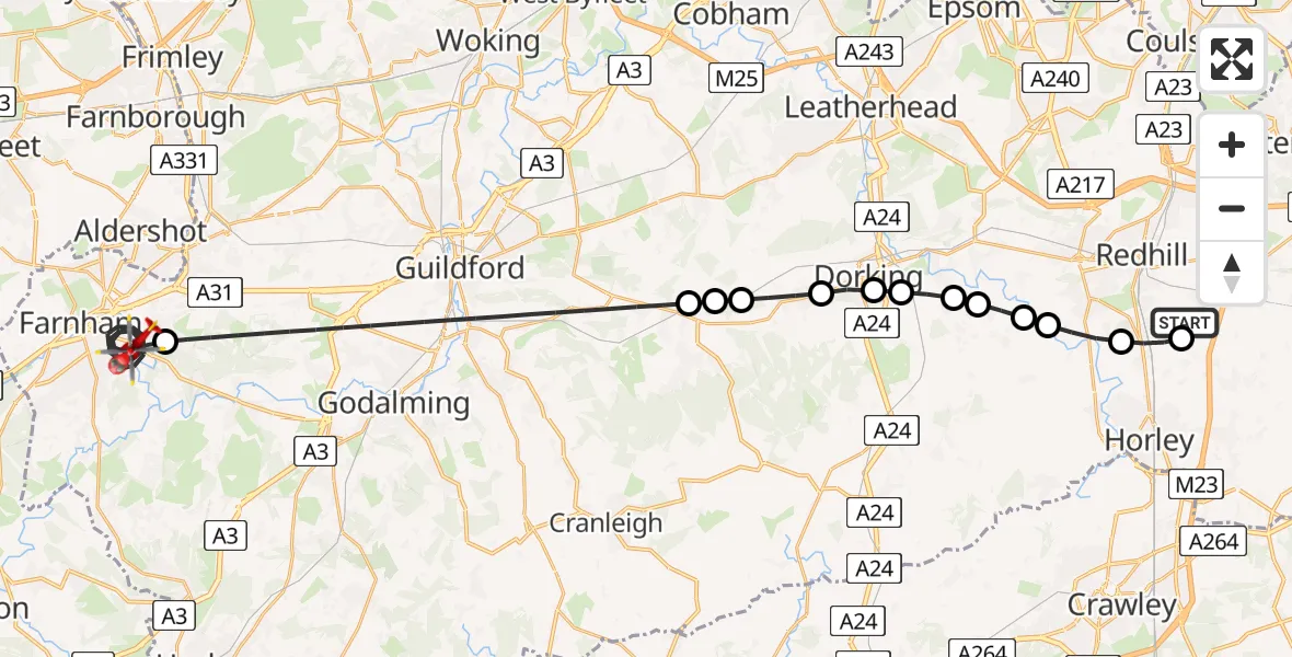 Flight route Air Ambulance Helicopter Redhill Aerodrome - Farnham, 16 July 2026, 13:46