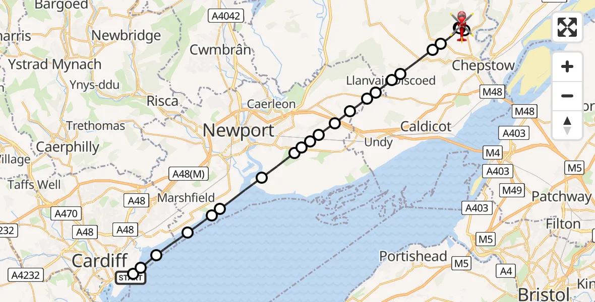 Flight route Air Ambulance Helicopter Cardiff Heliport - St Arvans, 16 July 2026, 13:46