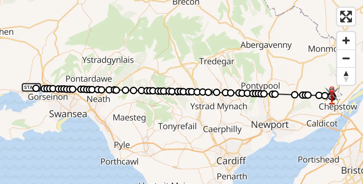 Flight route Air Ambulance Helicopter Dafen - St Arvans, 16 July 2026, 13:49
