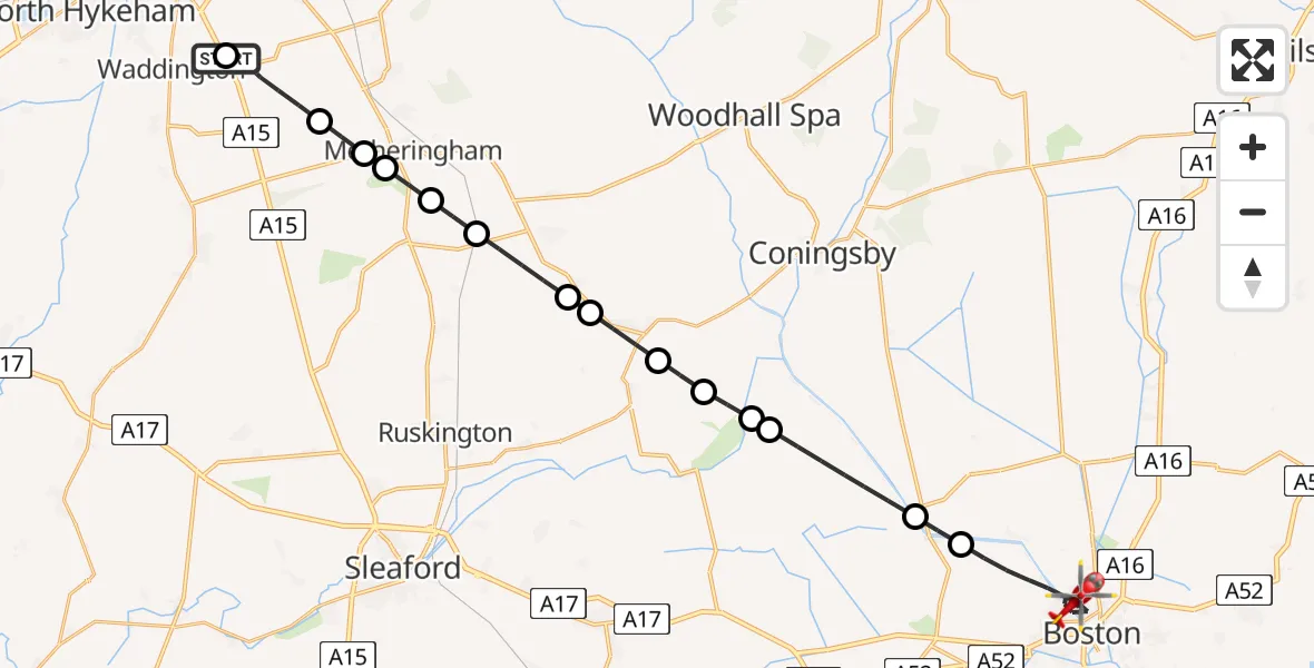 Flight route Air Ambulance Helicopter RAF Waddington - Boston, 16 July 2026, 14:07