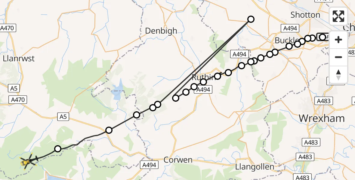 Flight route Police Helicopter Hawarden Airport - Ysbyty Ifan, 16 July 2026, 14:12